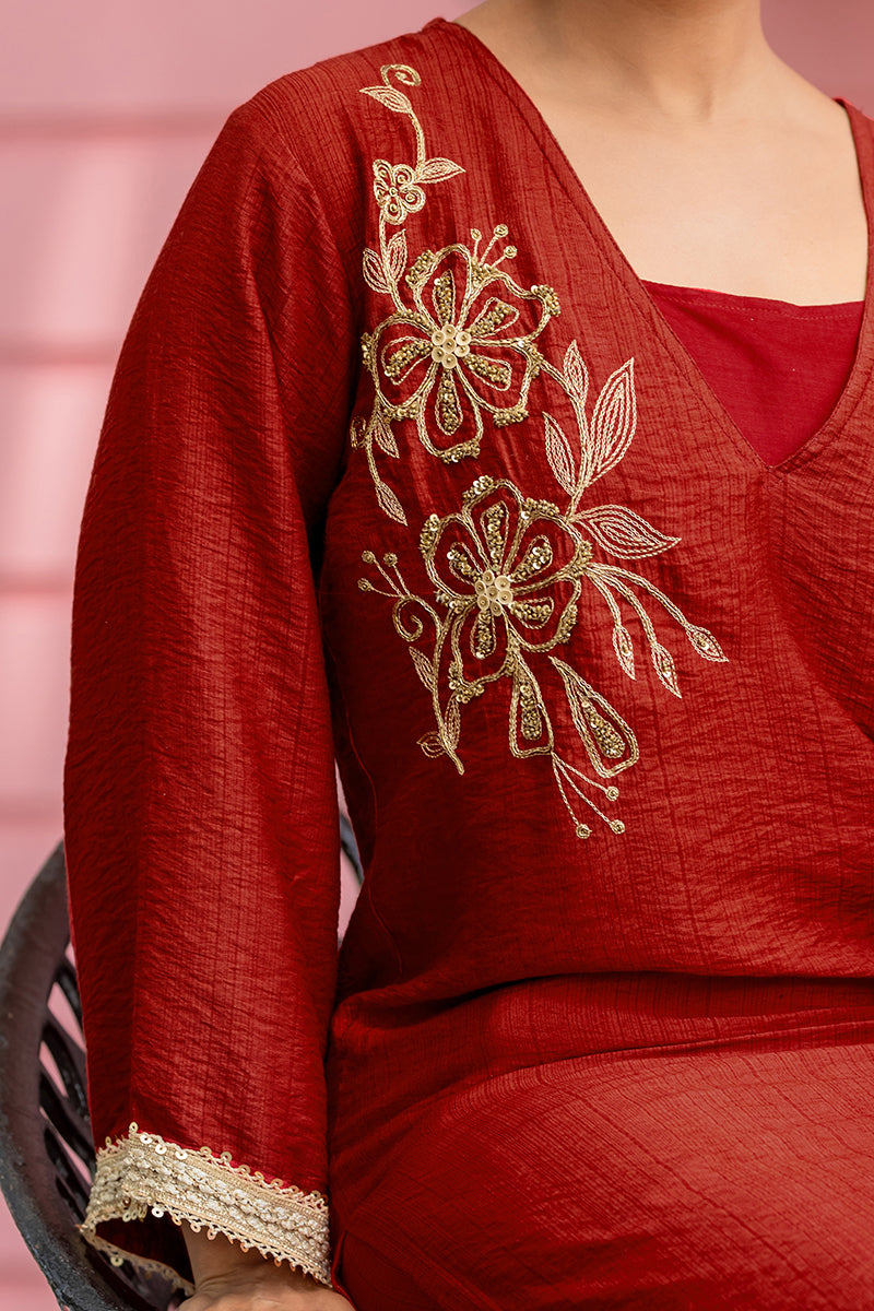 Red Handwork V-Neck Tunic Kurti Set