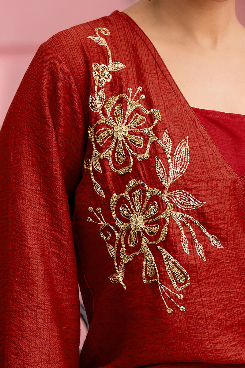 red-handwork-v-neck-tunic-kurti-set