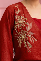 Red Handwork V-Neck Tunic Kurti Set