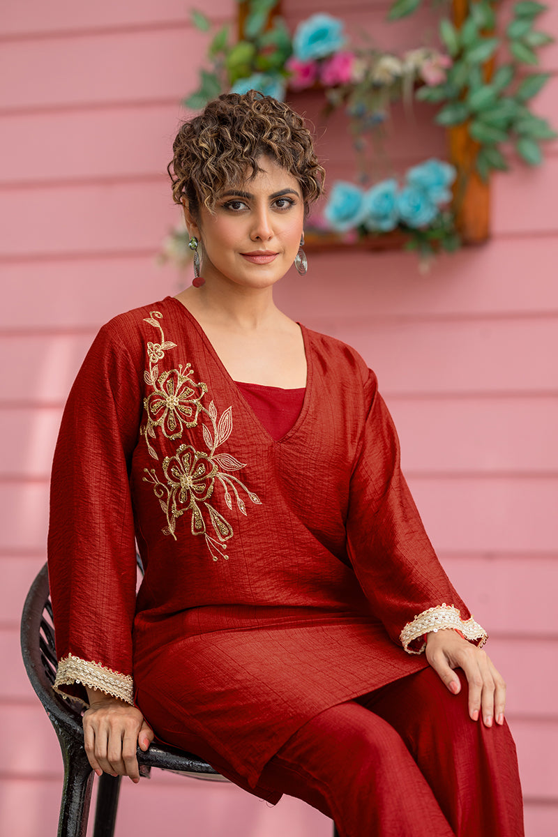 Red Handwork V-Neck Tunic Kurti Set