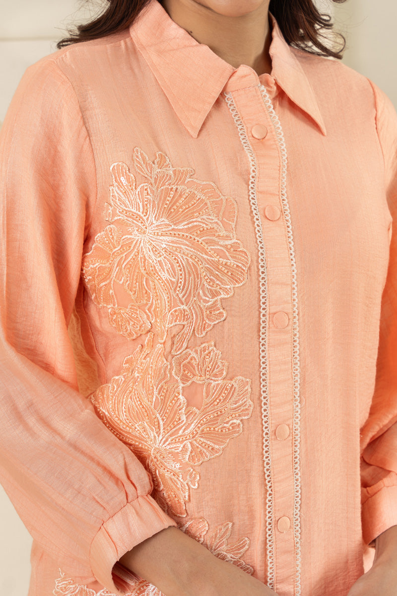 Peach Handwork Button-Down Shirt With Pant