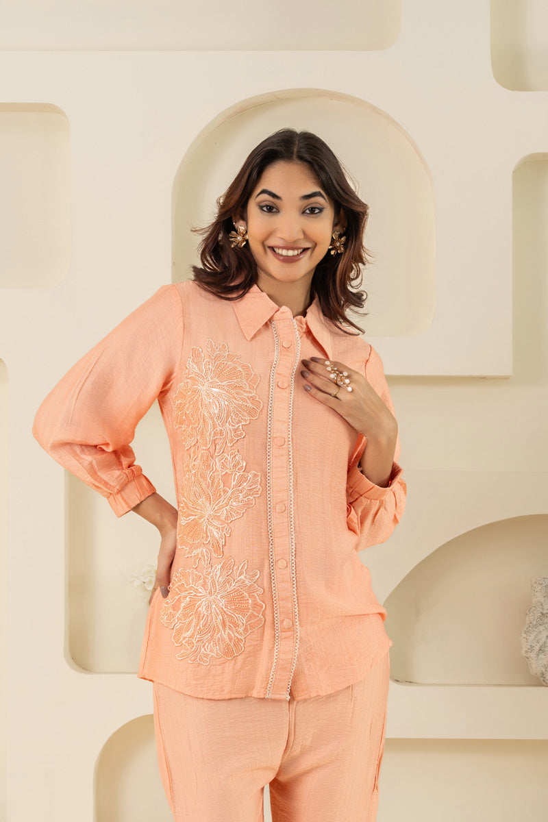 Peach Handwork Button-Down Shirt With Pant