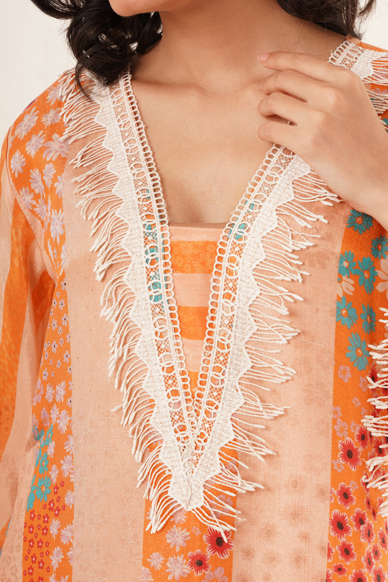 Orange Mixed Print Fringe-Trimmed Tunic Set