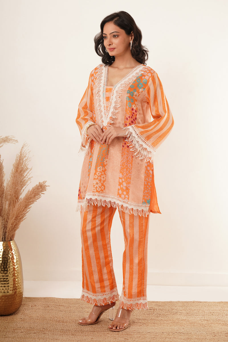 Orange Mixed Print Fringe-Trimmed Tunic Set