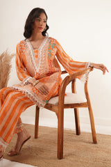 Orange Mixed Print Fringe-Trimmed Tunic Set