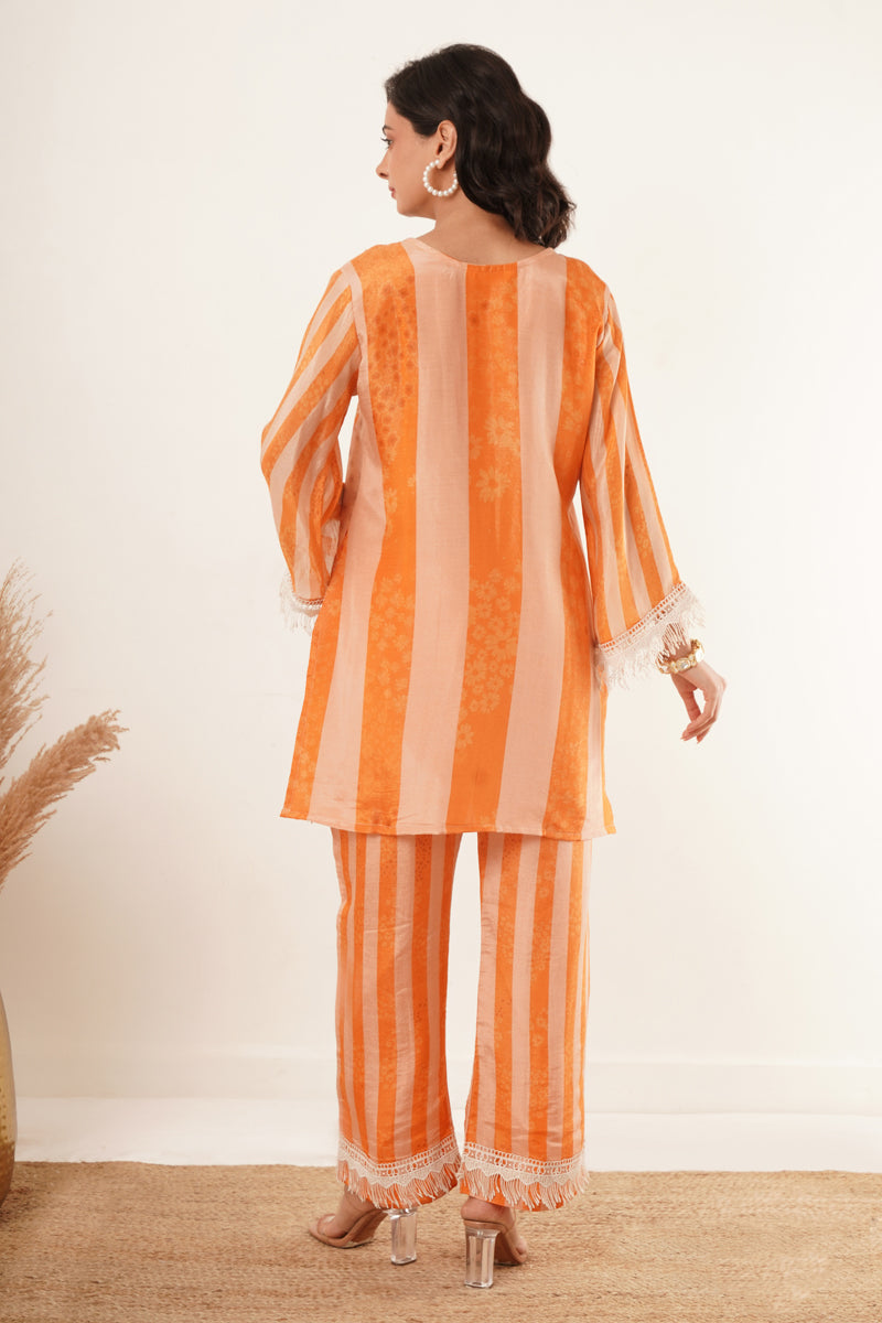 Orange Mixed Print Fringe-Trimmed Tunic Set