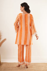 orange-mixed-print-fringe-trimmed-tunic-set