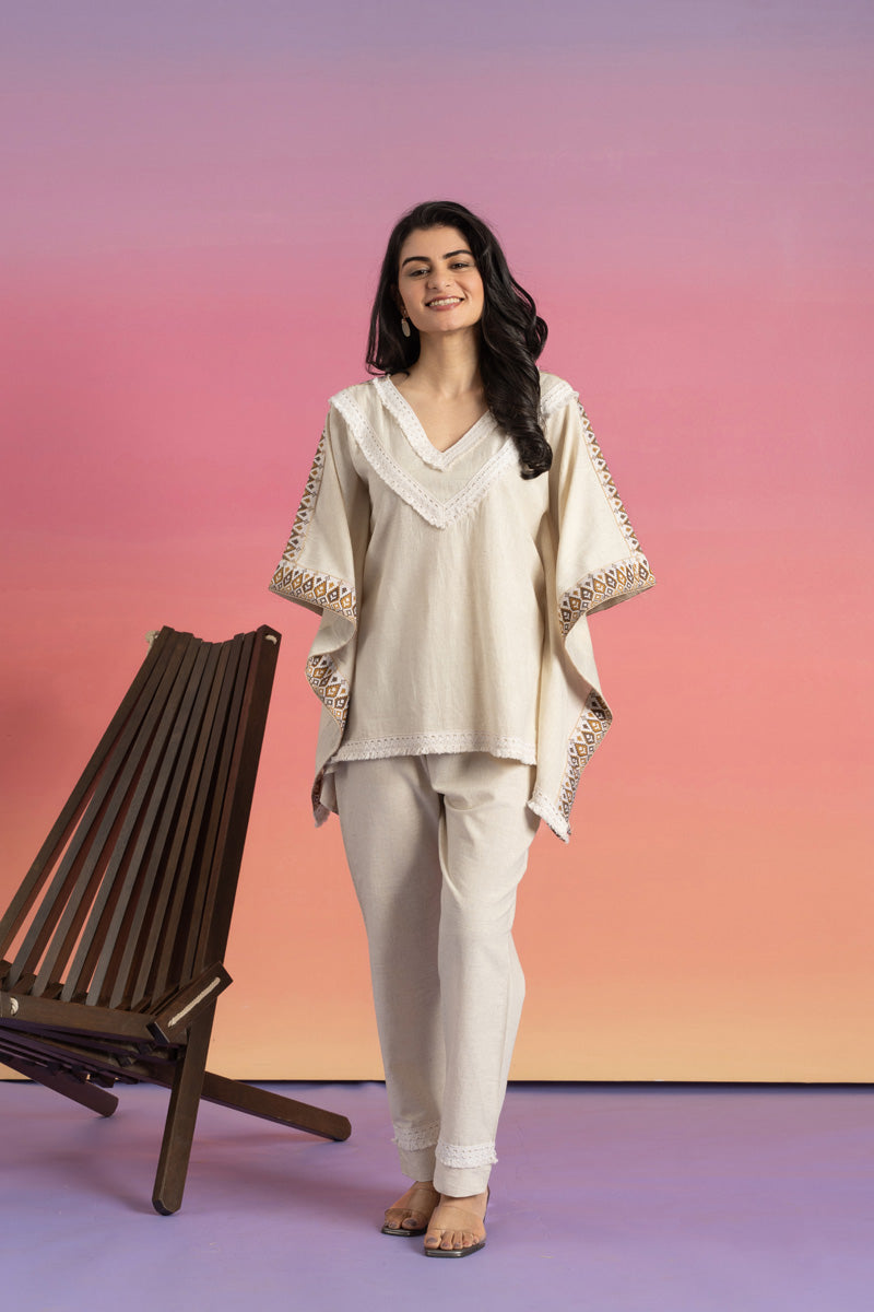 Cream Cotton Kaftan with Geometric Border