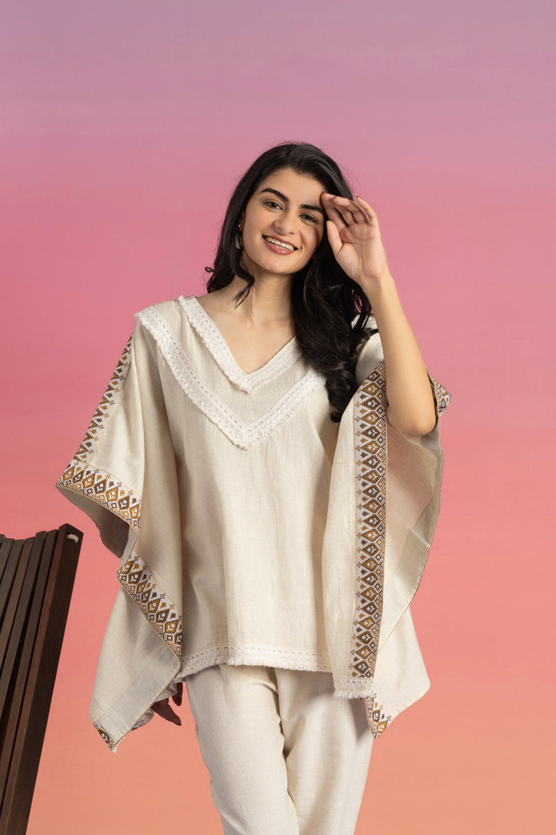 Cream Cotton Kaftan with Geometric Border