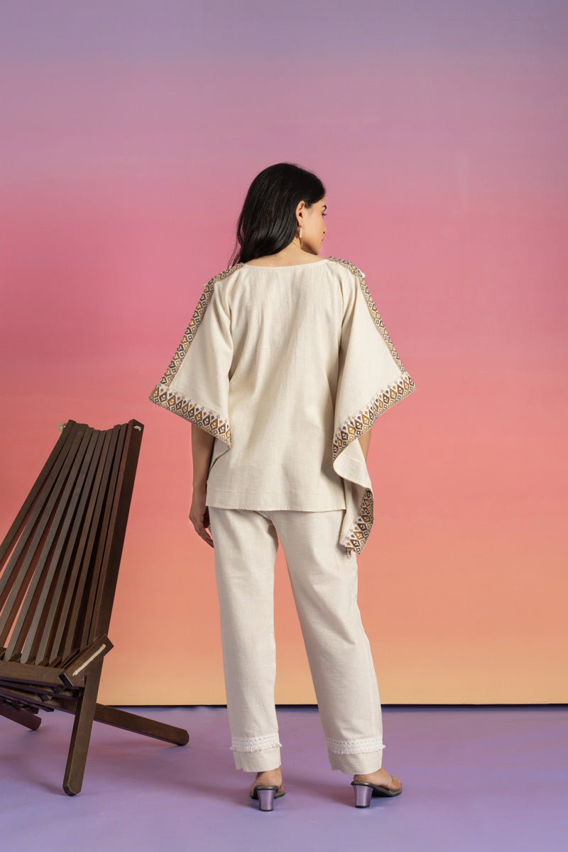 Cream Cotton Kaftan with Geometric Border