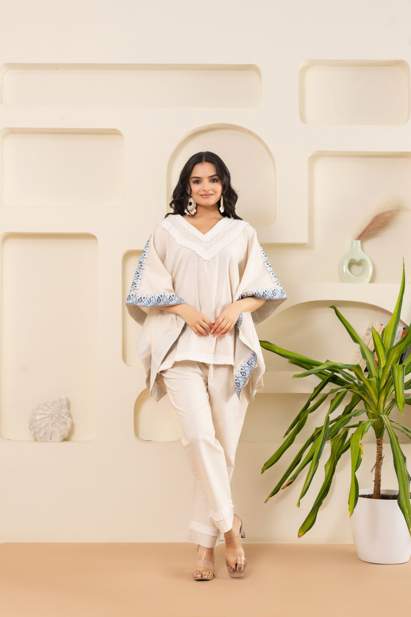 Embroidered Borders Beige Kaftan Set