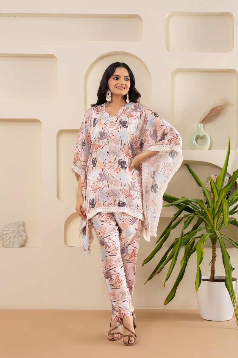 Abstract Cream Satin Kaftan Set