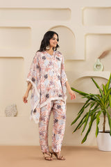 Abstract Cream Satin Kaftan Set