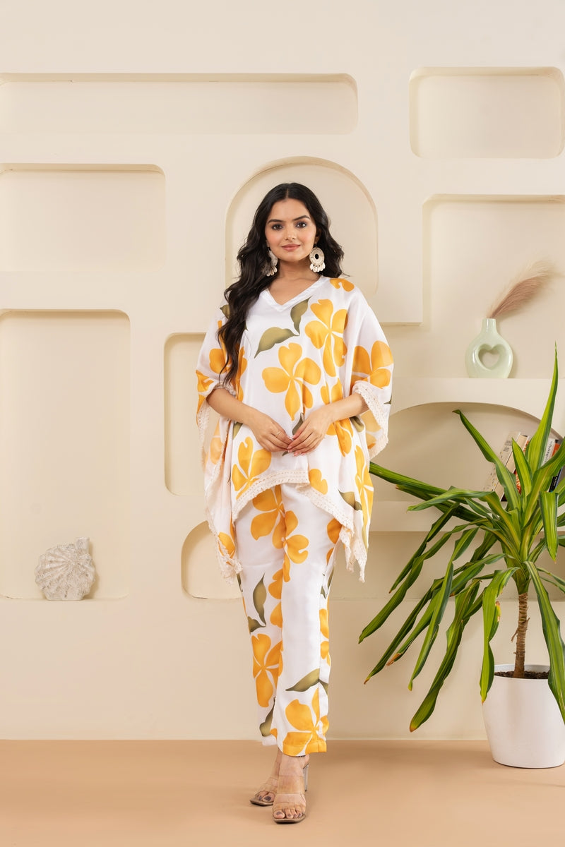 Floral Print Orange Satin Kaftan Set