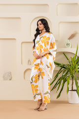 Floral Print Orange Satin Kaftan Set