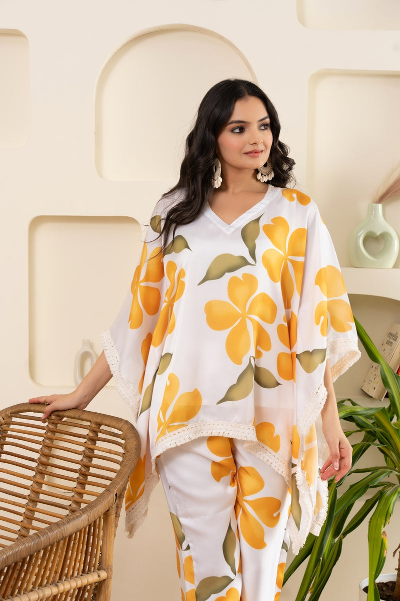 Floral Print Orange Satin Kaftan Set