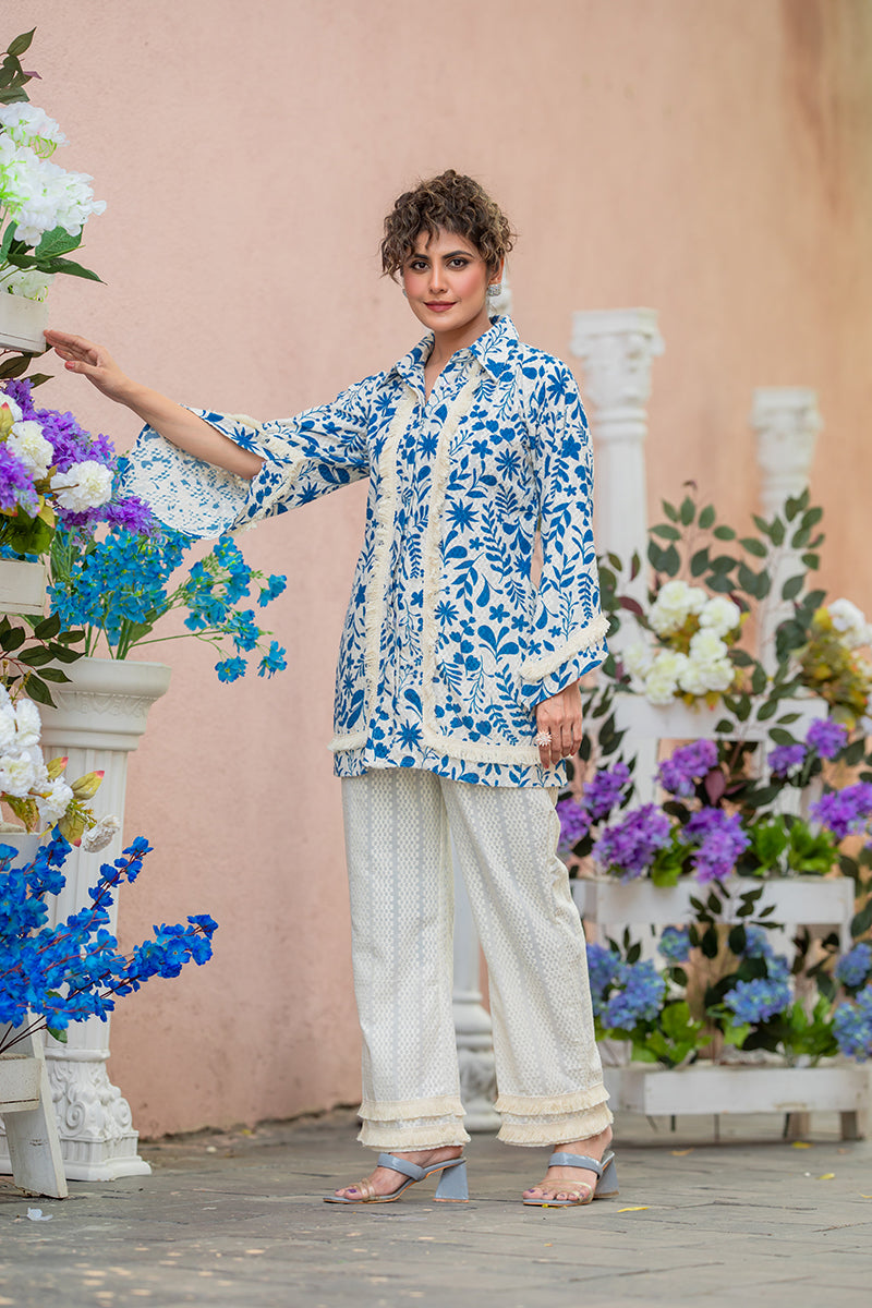 Blue Floral Print Party Wear Set