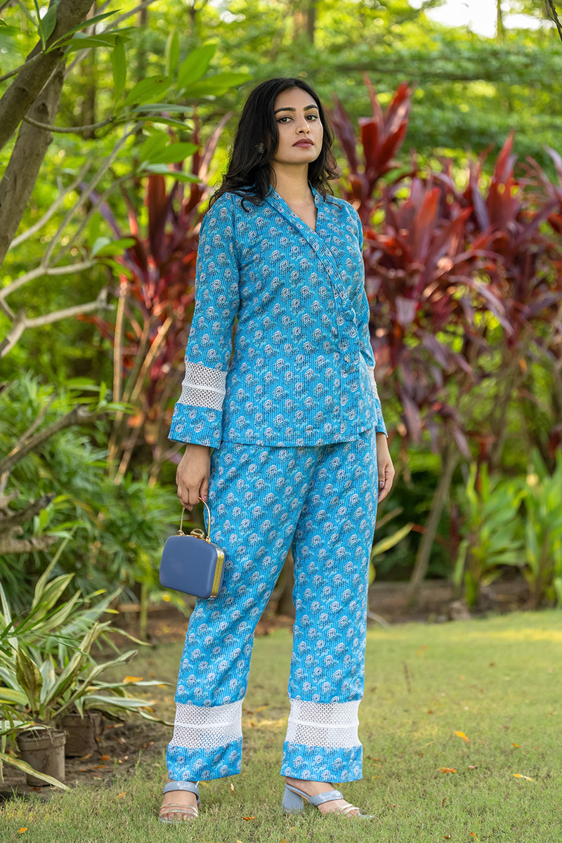 Blue Geometric Printed Party Wear