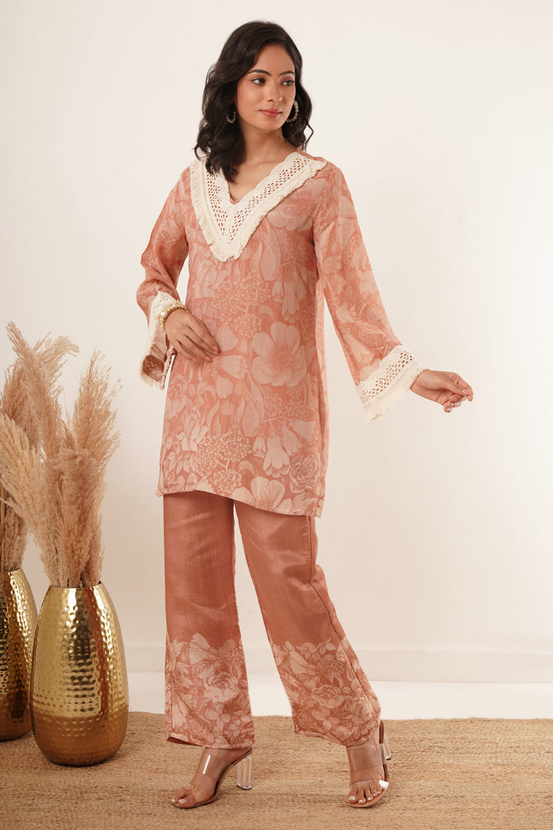 Elegant Peach Floral V-Neck Tunic Set with Lace Trim