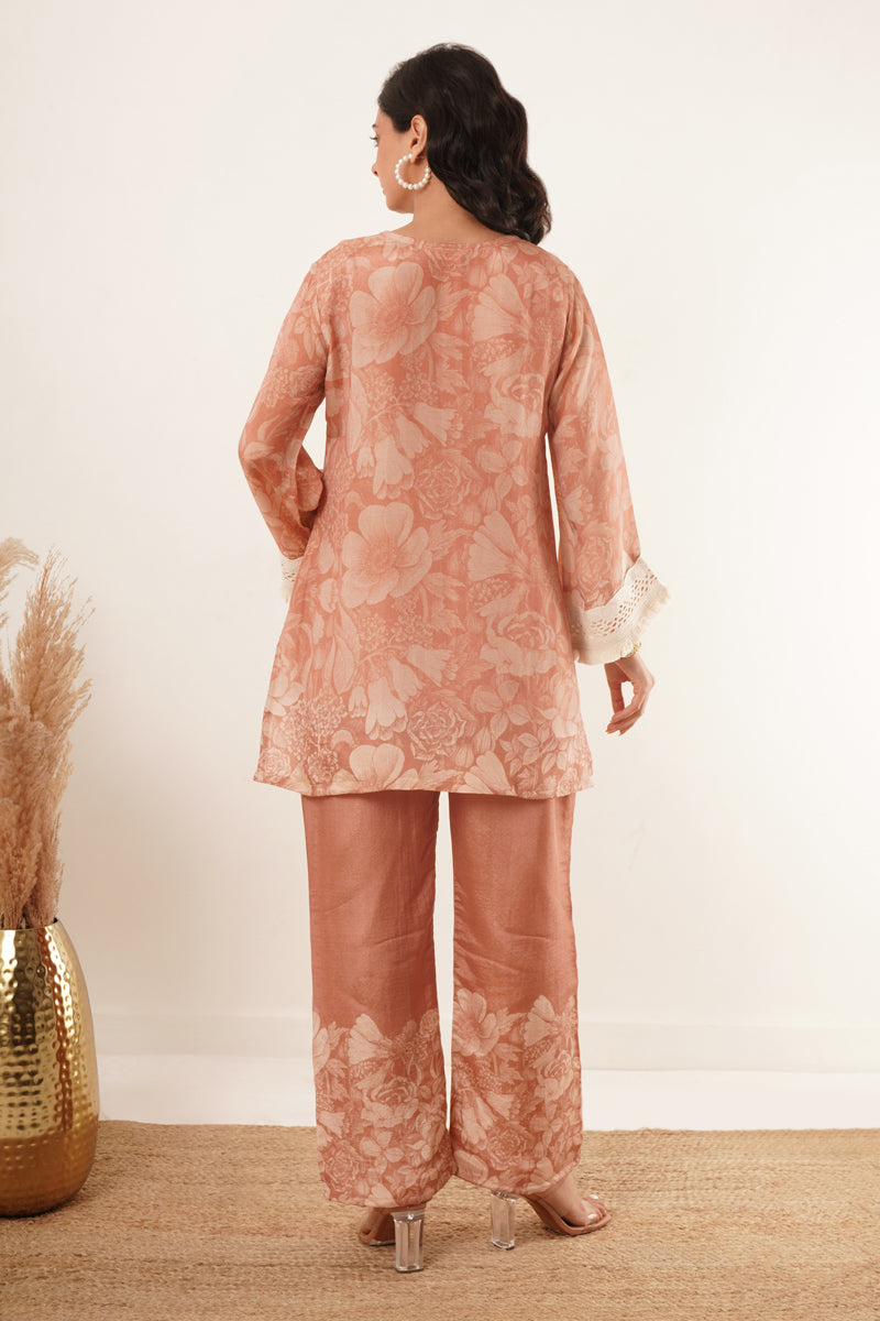 Elegant Peach Floral V-Neck Tunic Set with Lace Trim