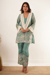 Elegant Sage Green Floral Lace-Trimmed Tunic Set