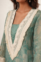 Elegant Sage Green Floral Lace-Trimmed Tunic Set