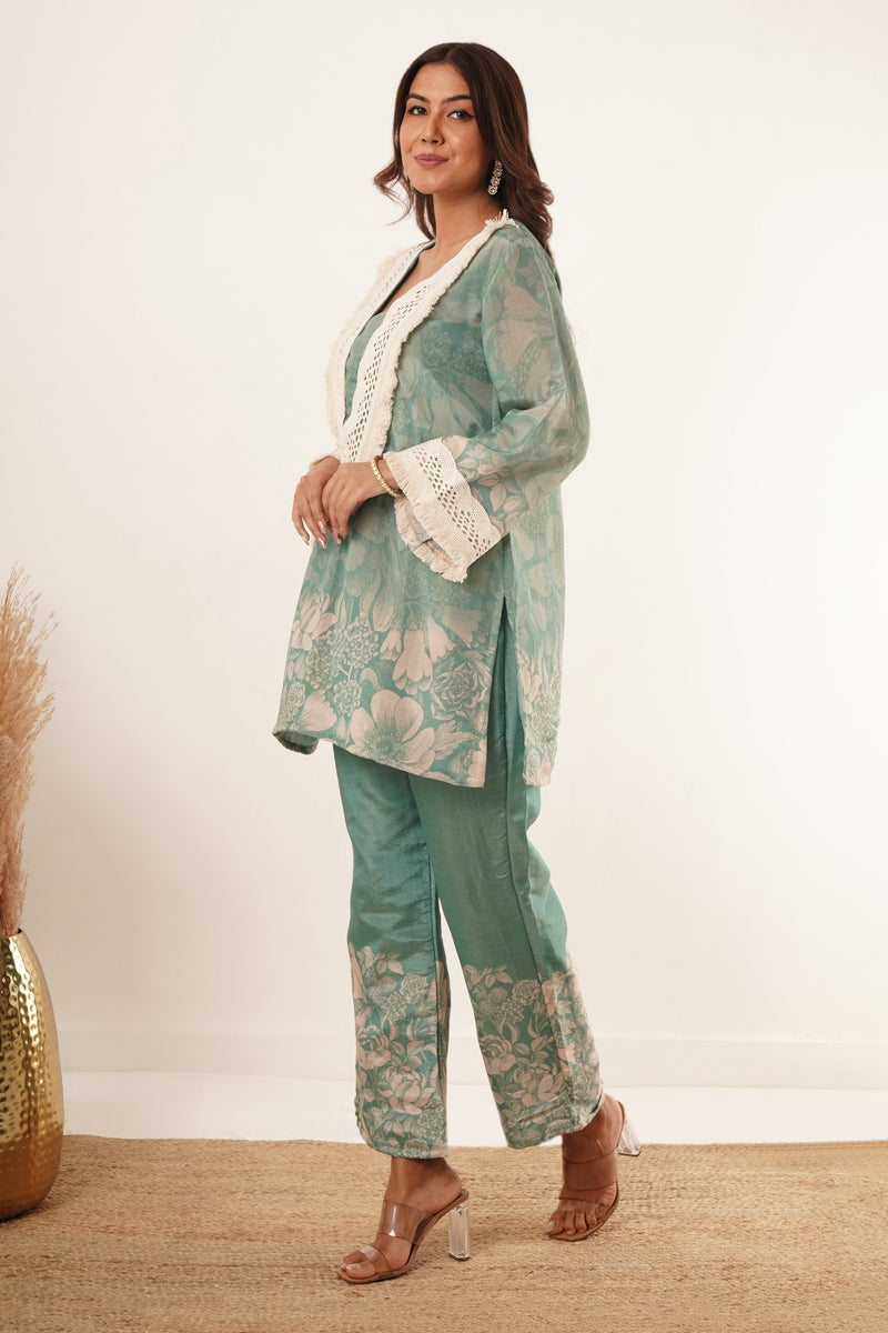 Elegant Sage Green Floral Lace-Trimmed Tunic Set