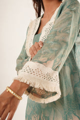 Elegant Sage Green Floral Lace-Trimmed Tunic Set