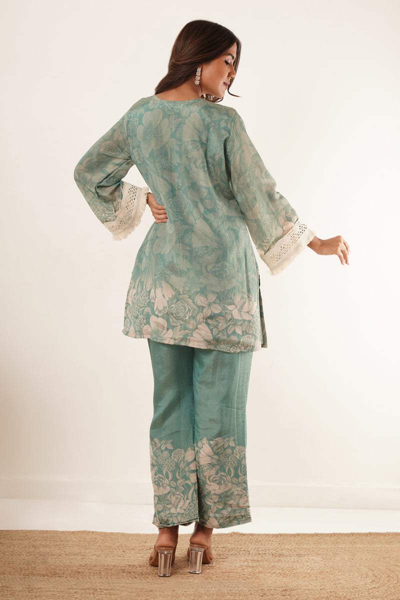 Elegant Sage Green Floral Lace-Trimmed Tunic Set