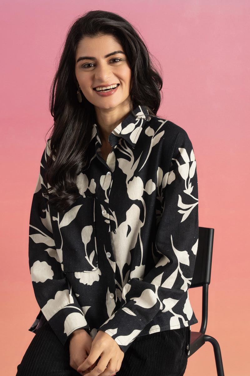 Black and White Floral Print Long Sleeve Shirt