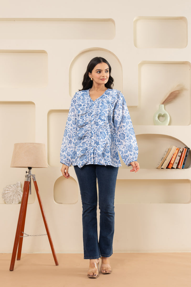 Blue Ethnic Printed Cotton Shirt