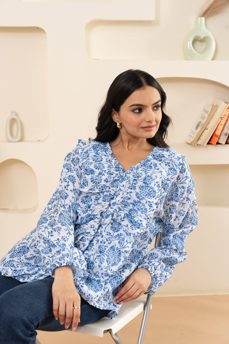 Blue Ethnic Printed Cotton Shirt