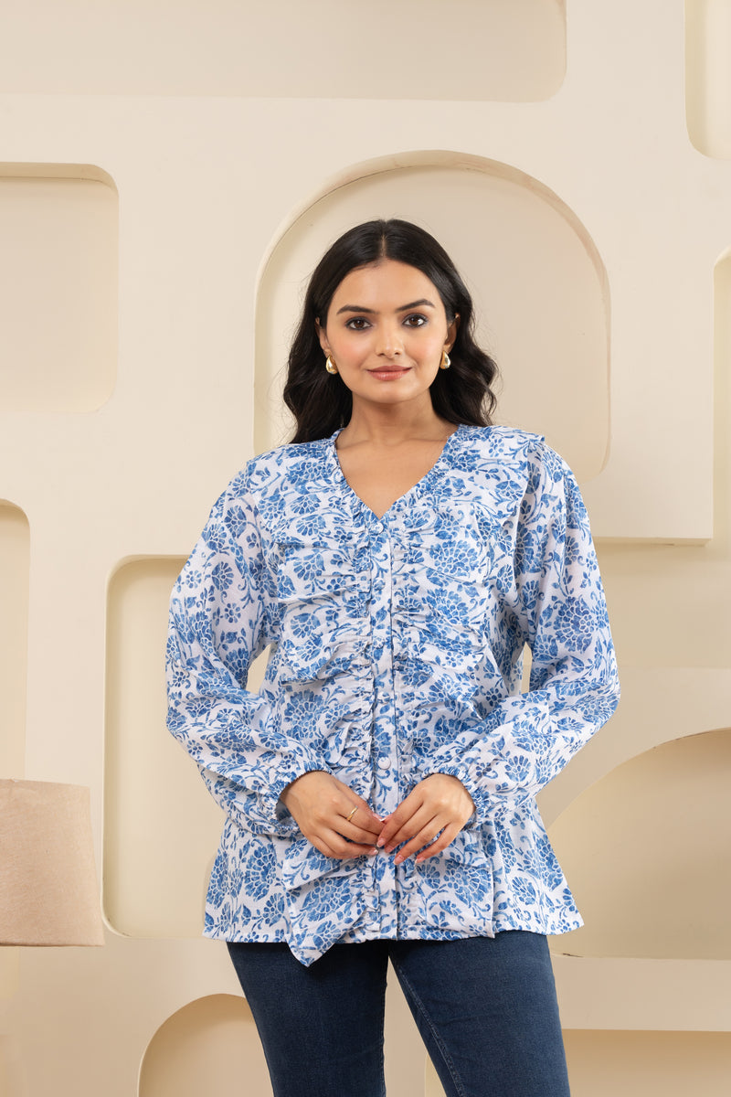 Blue Ethnic Printed Cotton Shirt