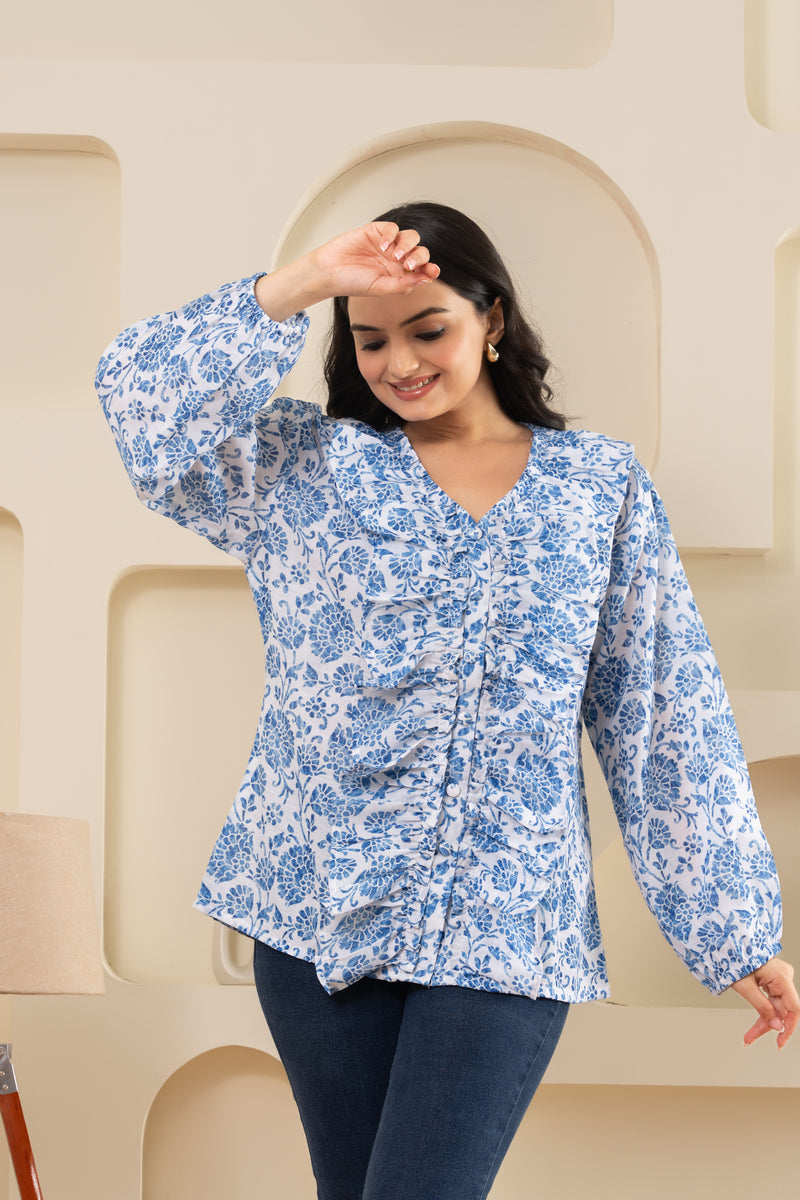 Blue Ethnic Printed Cotton Shirt