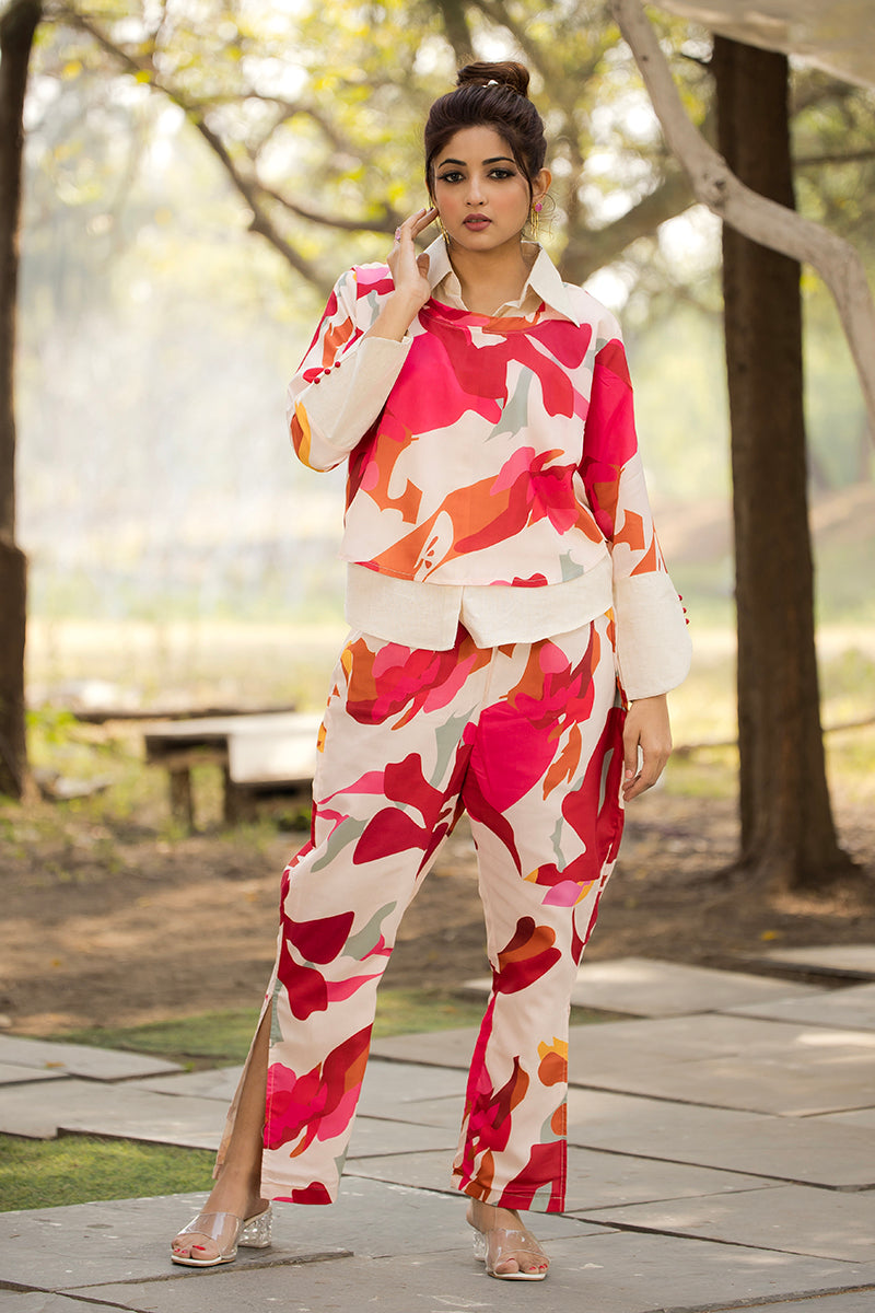 Bold Abstract Print Co-ord Set with Shirt Collar