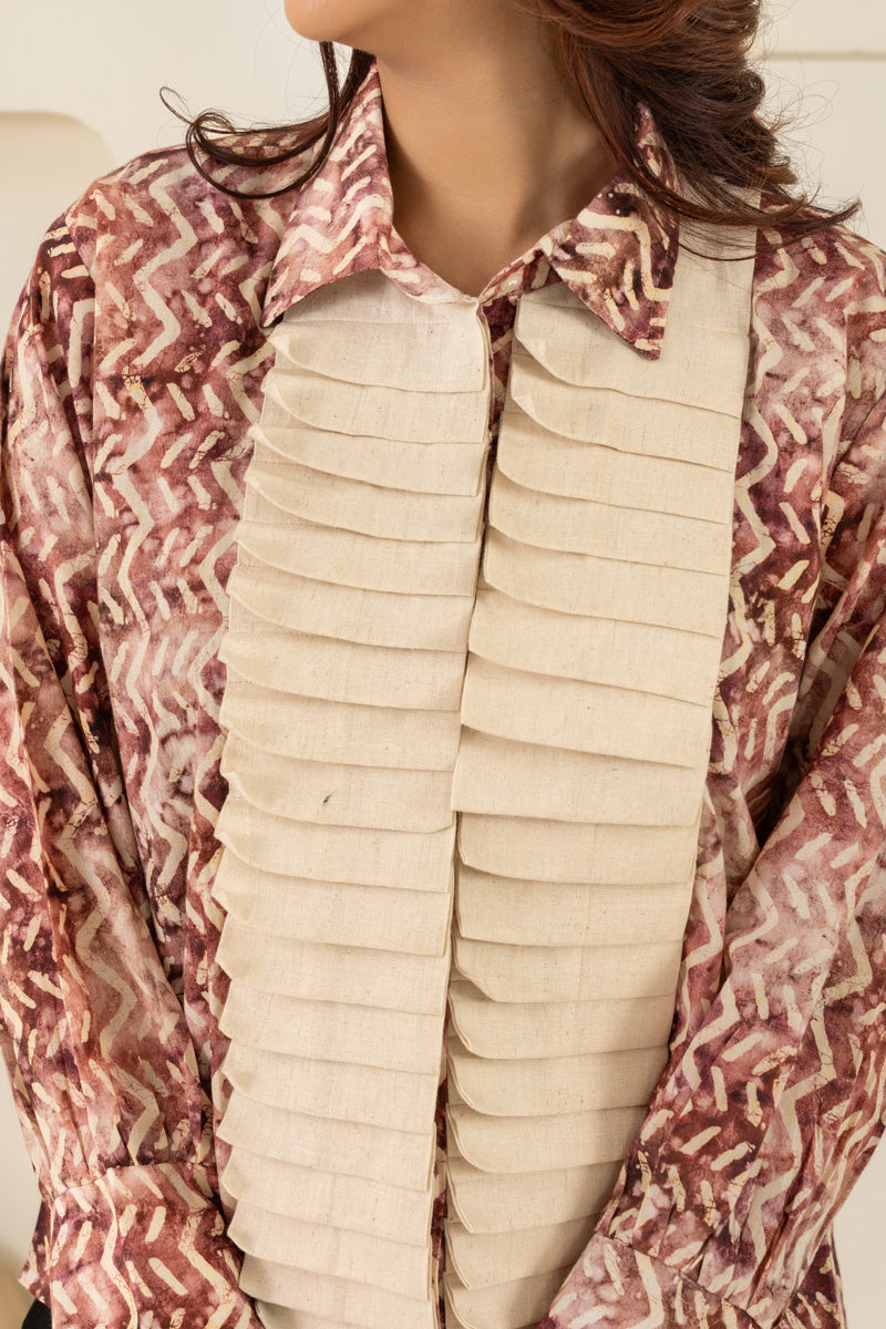 Brown Printed Pleated Front Side Shirt