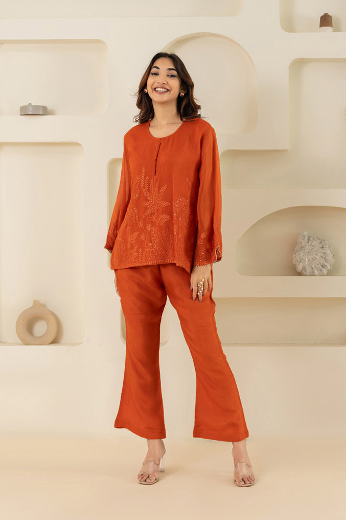 Orange Embroidered Cotton Kurti Set