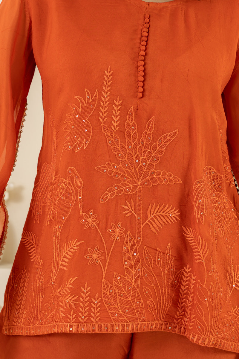 Orange Embroidered Cotton Kurti Set