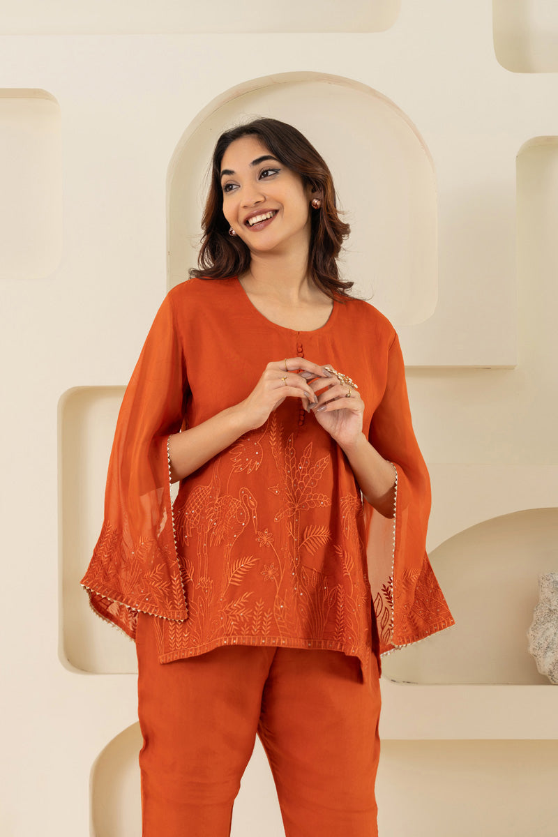 Orange Embroidered Cotton Kurti Set