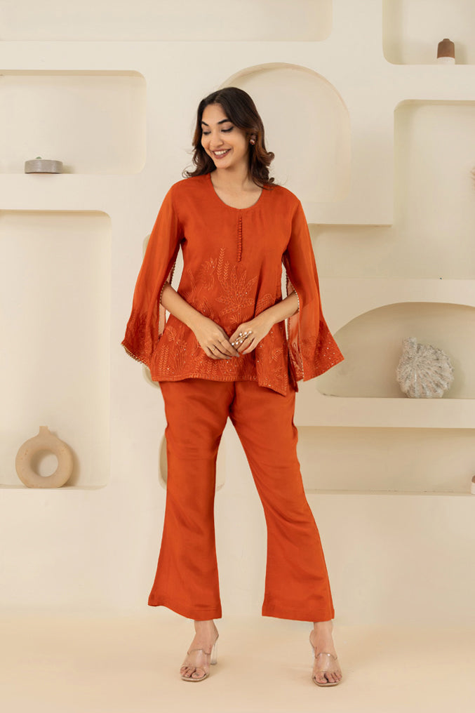 Orange Embroidered Cotton Kurti Set