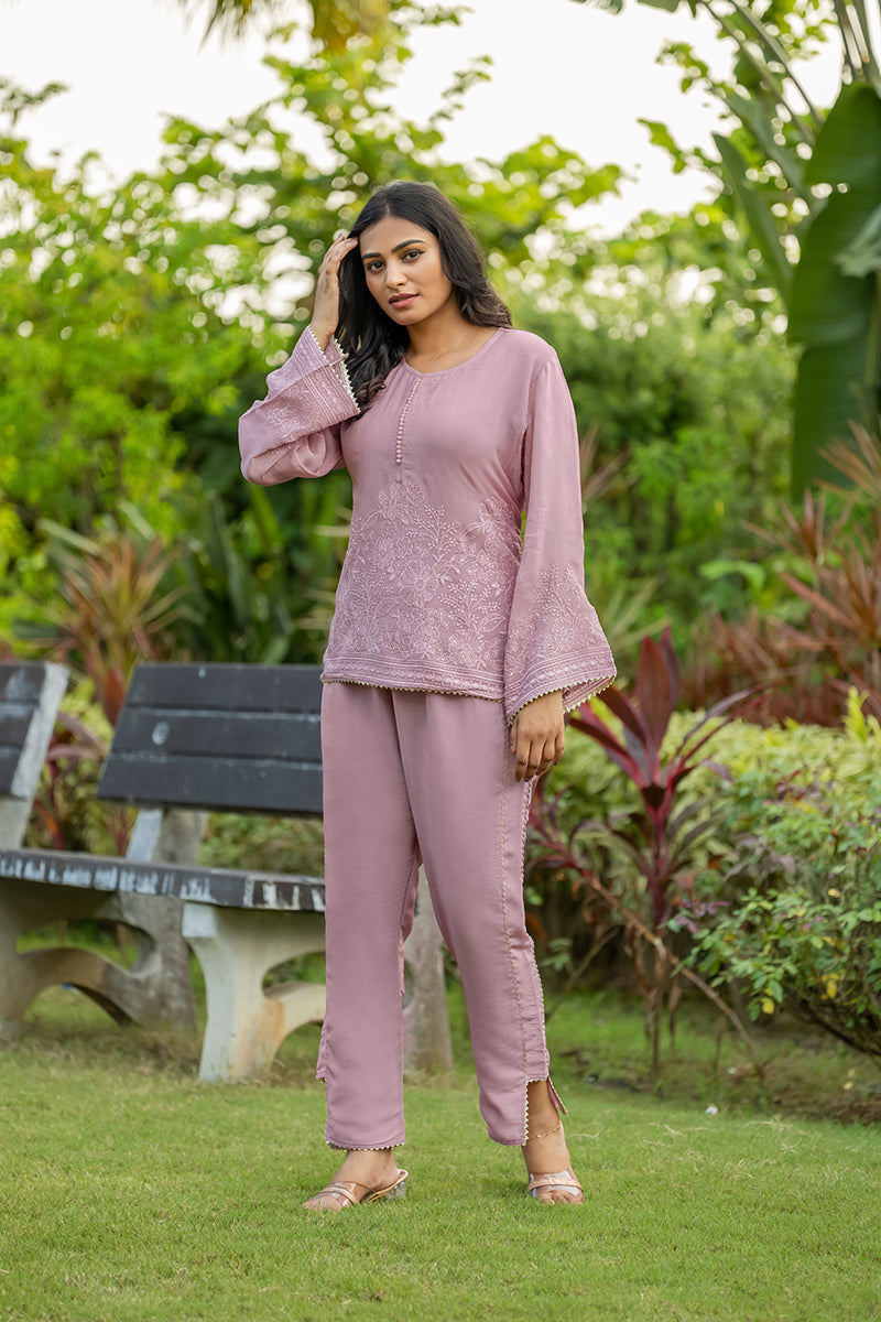 Pink Embroidered top and pant set