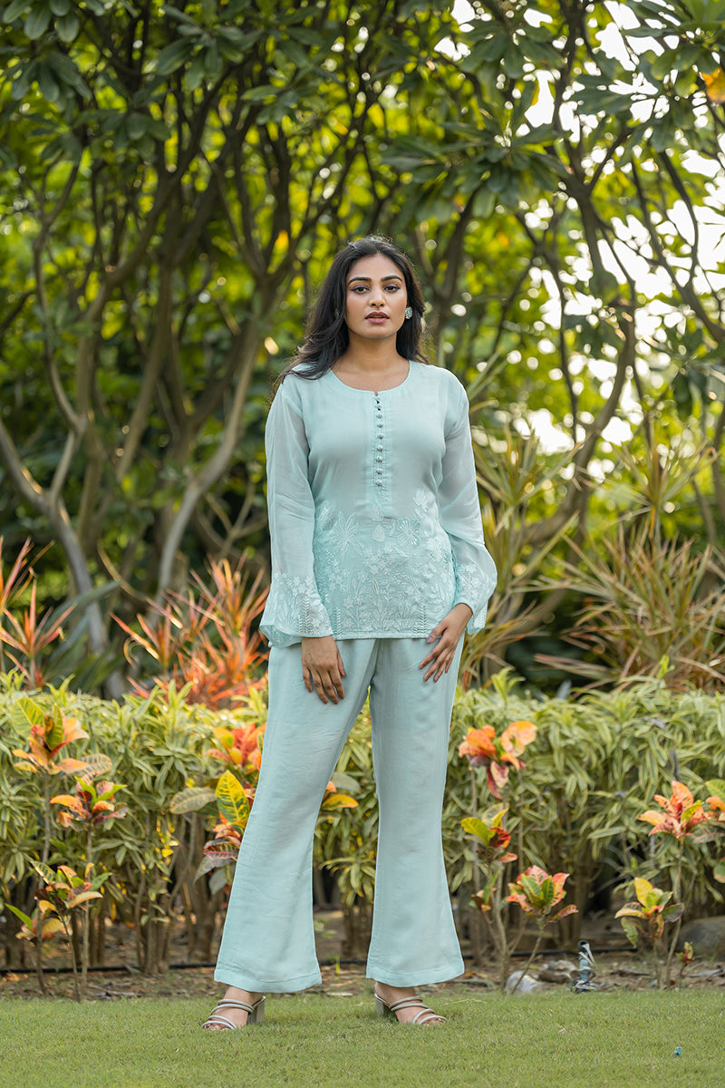 Sky Blue Embroidered top and pant set