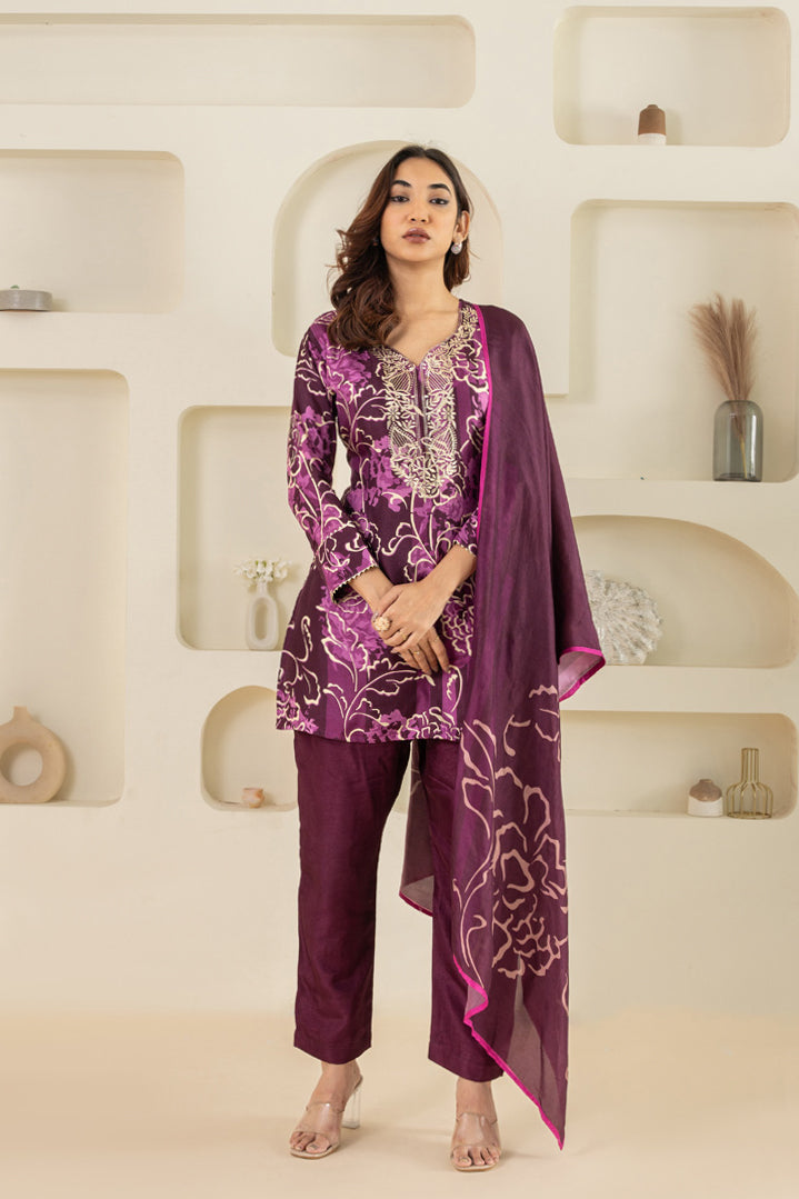 Purple Floral Printed Suit Set