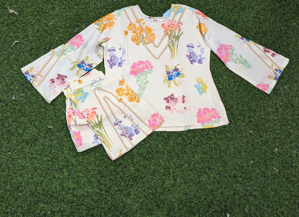 Multicolor V-pattern jute laced Co-ord Set
