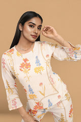 Cream Floral Print stylish Co-ord set for women