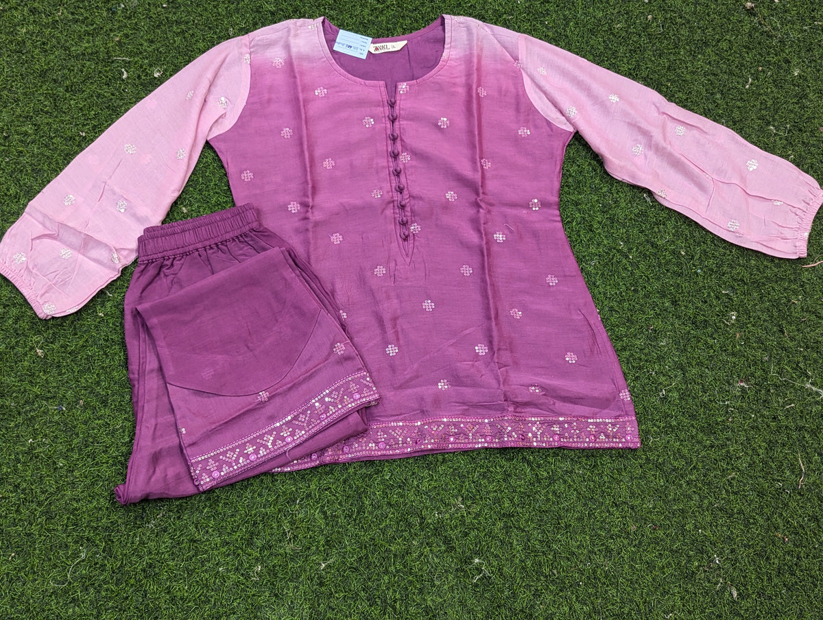 Pink and Purple Embroidered Kurti Set