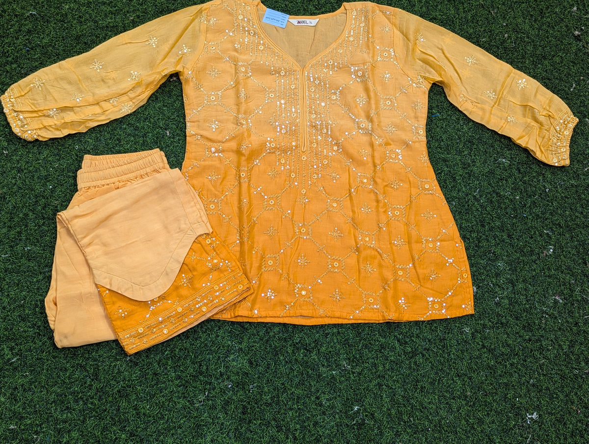 Yellow Embroidered Kurti Set with Sequins Detailing