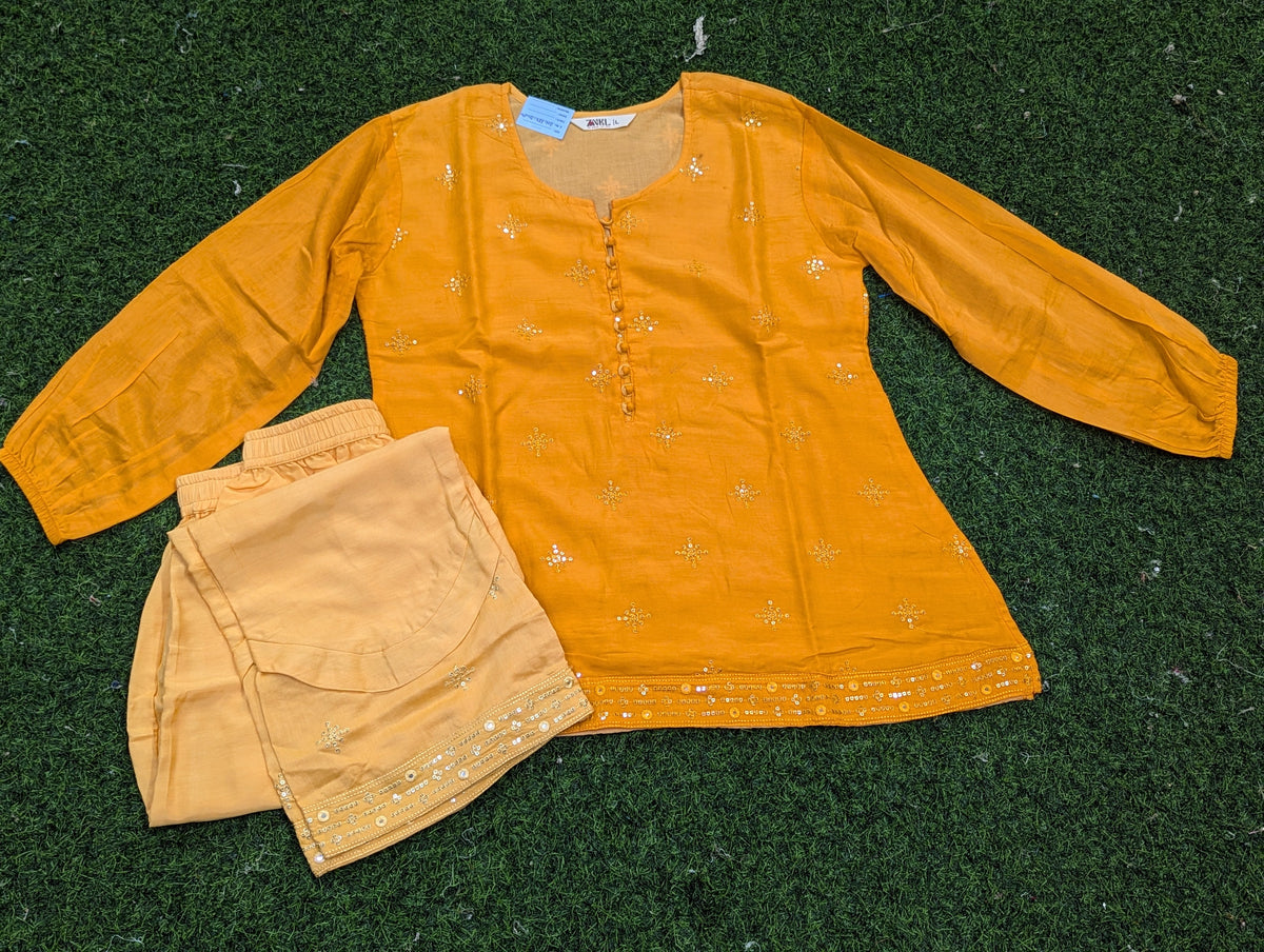 Mustard Yellow Embroidered Kurti Set