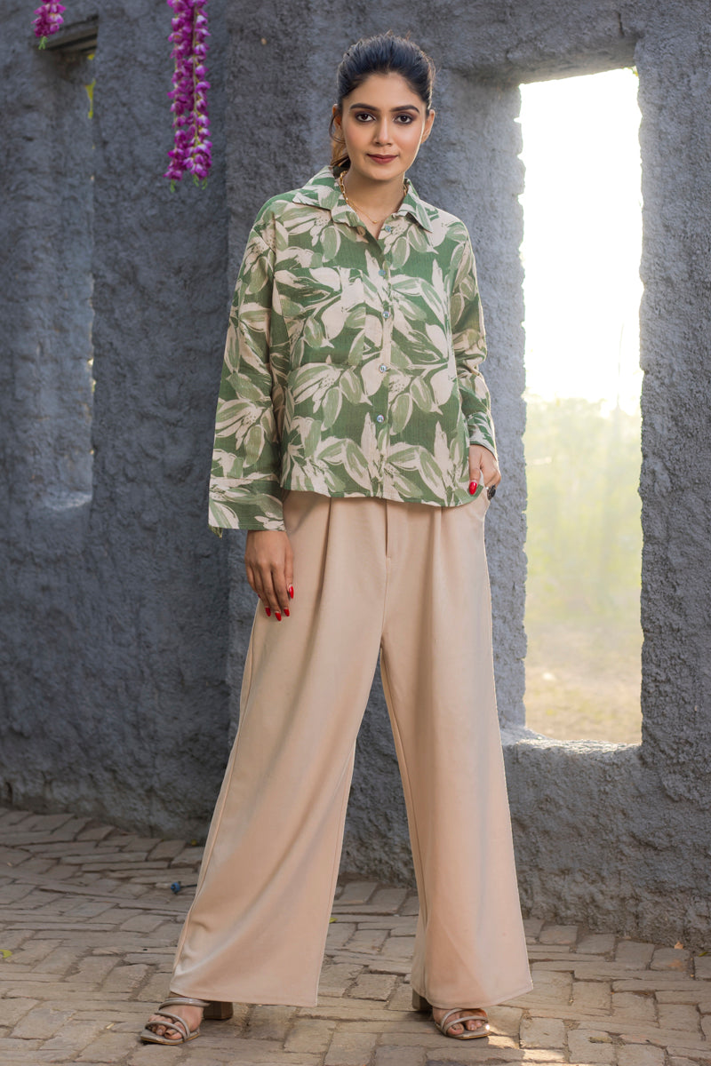 Green Leaf Printed Cotton Shirt for Women