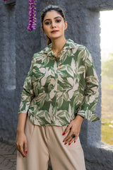 Green Leaf Printed Cotton Shirt for Women